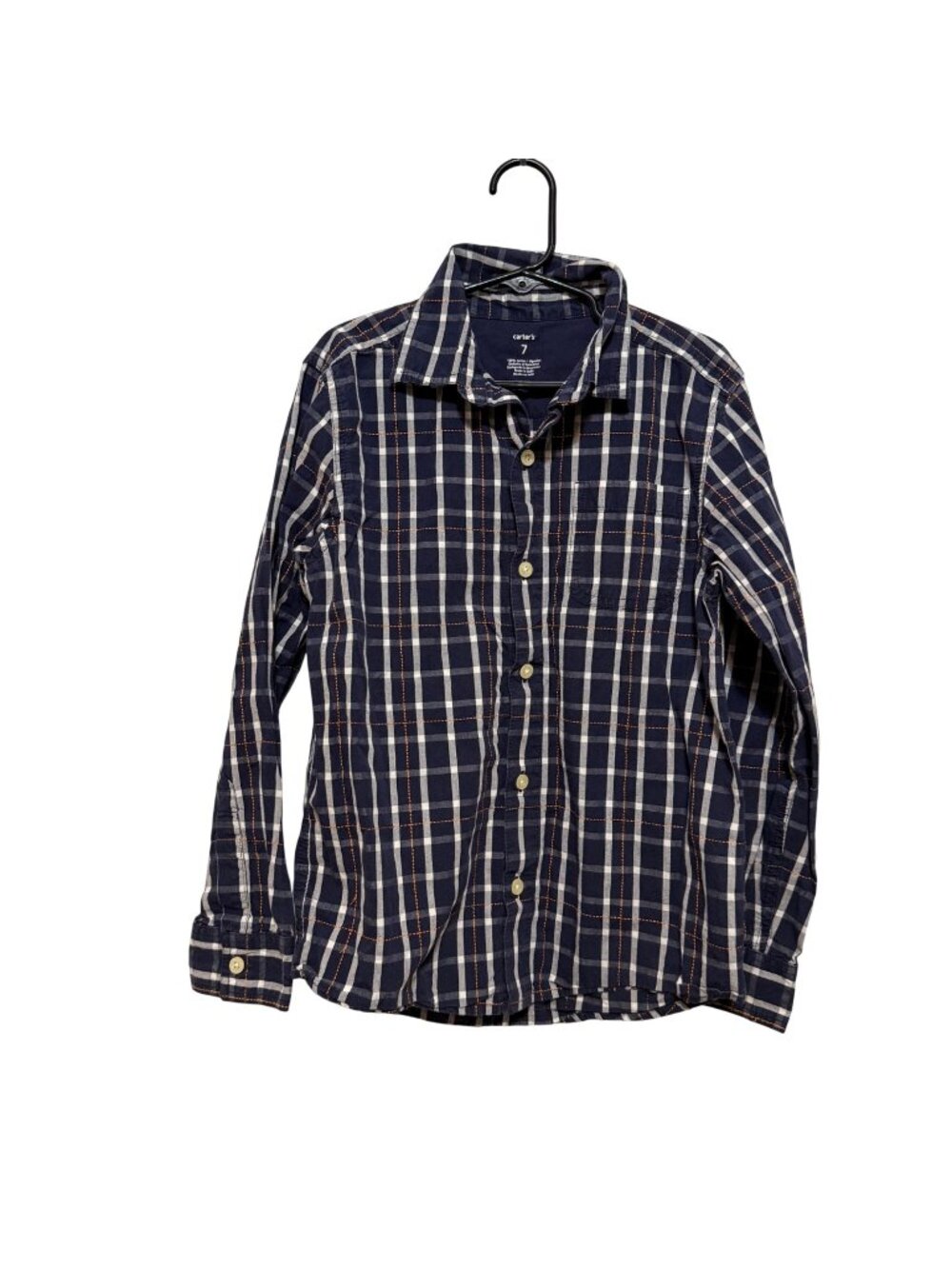 Carters Boys Navy & White Plaid Button-Down Long Sleeve Shirt Size 7 100%